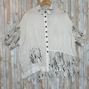 Cheyenne 100% Linen Oversized Abstract Button Down Shirt Top Artsy Lagenlook S/M